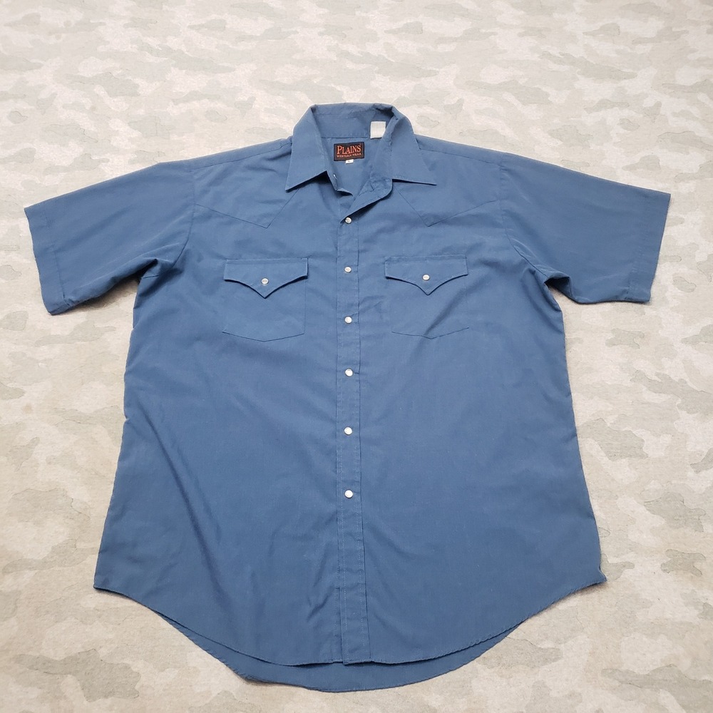 Plains Western Wear Shirt Mens Large Blue Cowboy Rodeo Peal Snap Short Sleeve